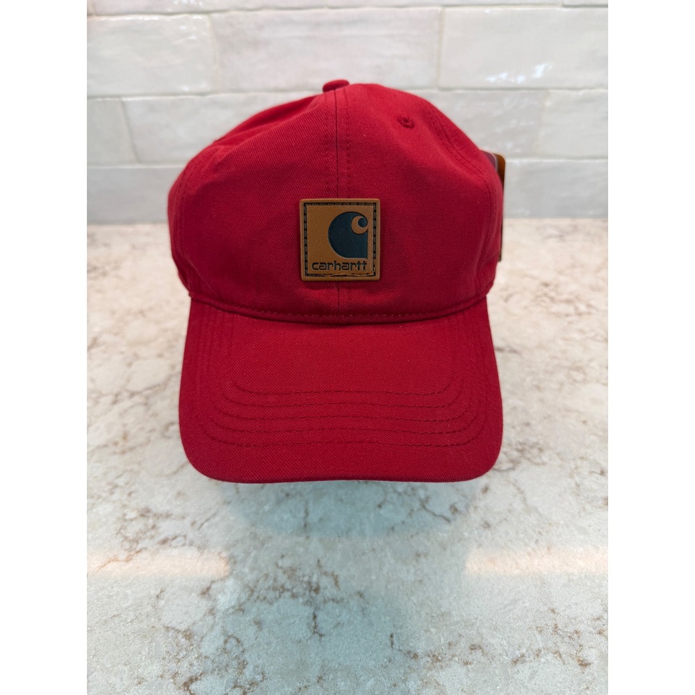 Carhartt Mens Red Canvas Baseball Cap Adjustable Hat Leather Logo Patch NWT